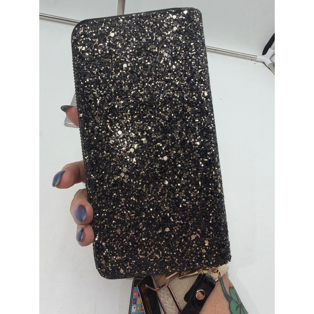 Sasha Handbags Black Gold Glitter Double Zip Wristlet Wallet Cell Phone Holder - Picture 4 of 8